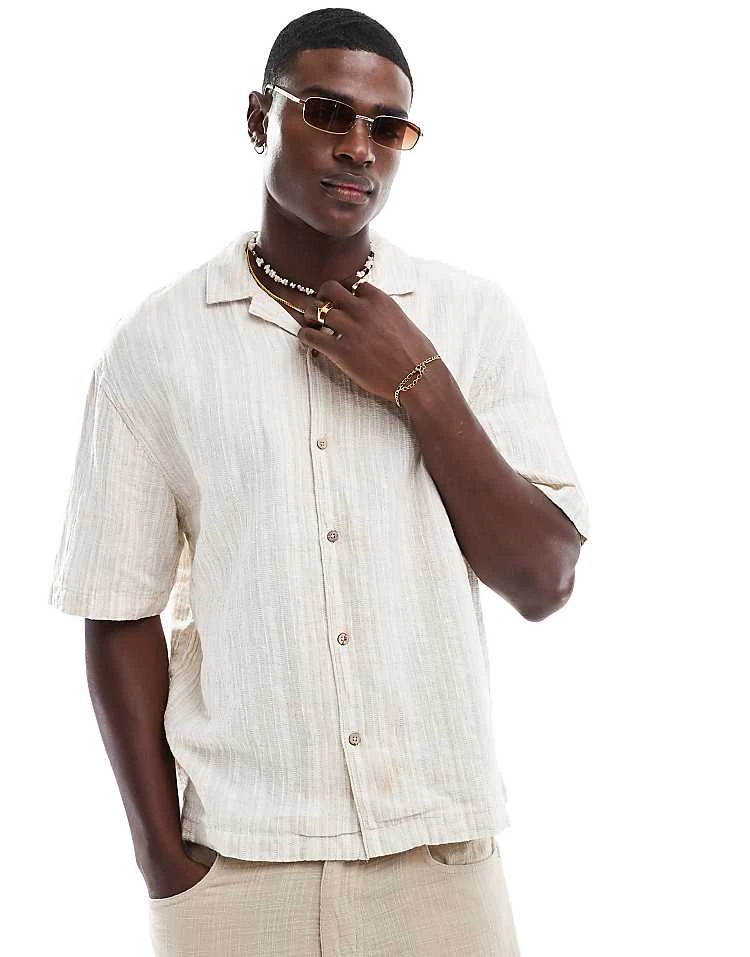 Pull&bear Short Sleeve Textured Stripe Shirt In Ecru For Men 3 Pull&bear Short Sleeve Textured Stripe Shirt In Ecru For Men