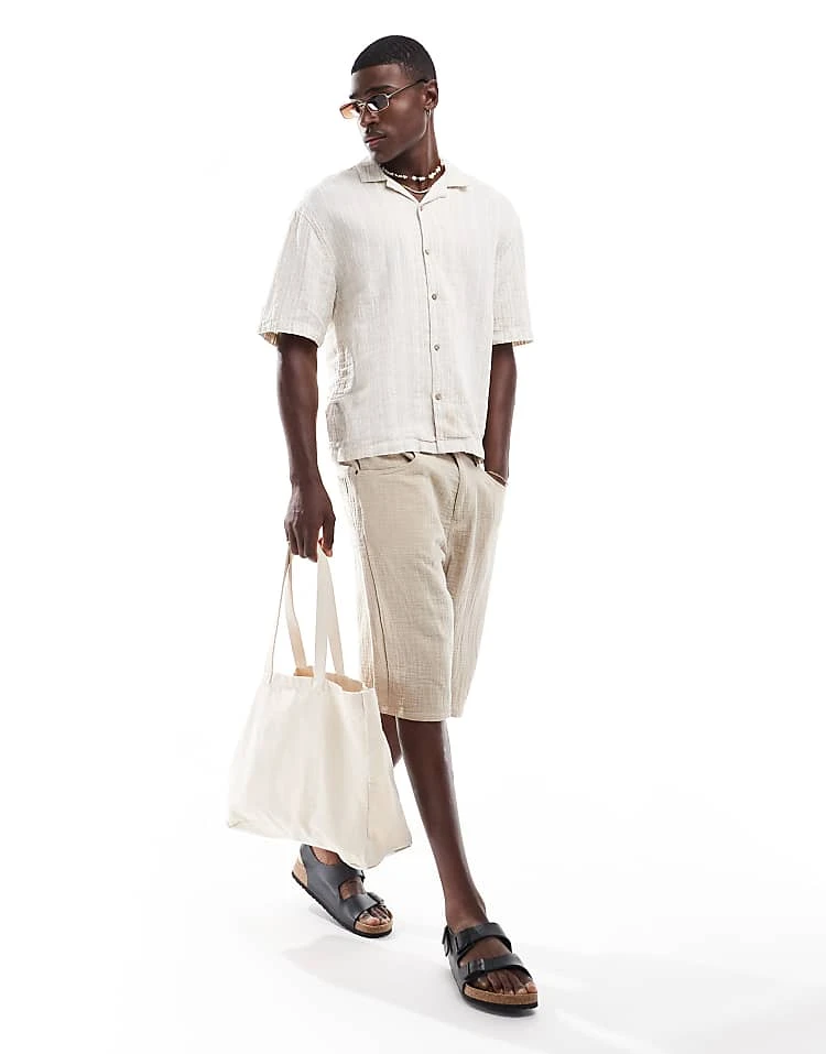 Pull&bear Short Sleeve Textured Stripe Shirt In Ecru For Men 4 Pull&bear Short Sleeve Textured Stripe Shirt In Ecru For Men - Image 2