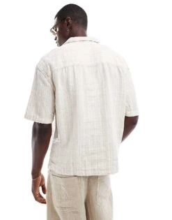 Pull&bear Short Sleeve Textured Stripe Shirt In Ecru For Men 9 Pull&bear Short Sleeve Textured Stripe Shirt In Ecru For Men -Pull&Bear Sales 206972540 3