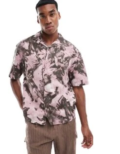 Pull&bear Floral Print Shirt In Dusky Pink For Men