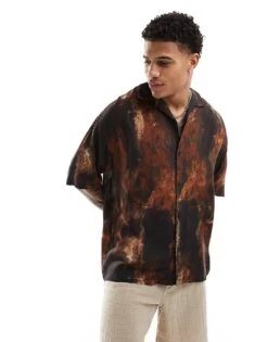 Pull&Bear Rustic Graphic Printed Shirt In Brown For Men