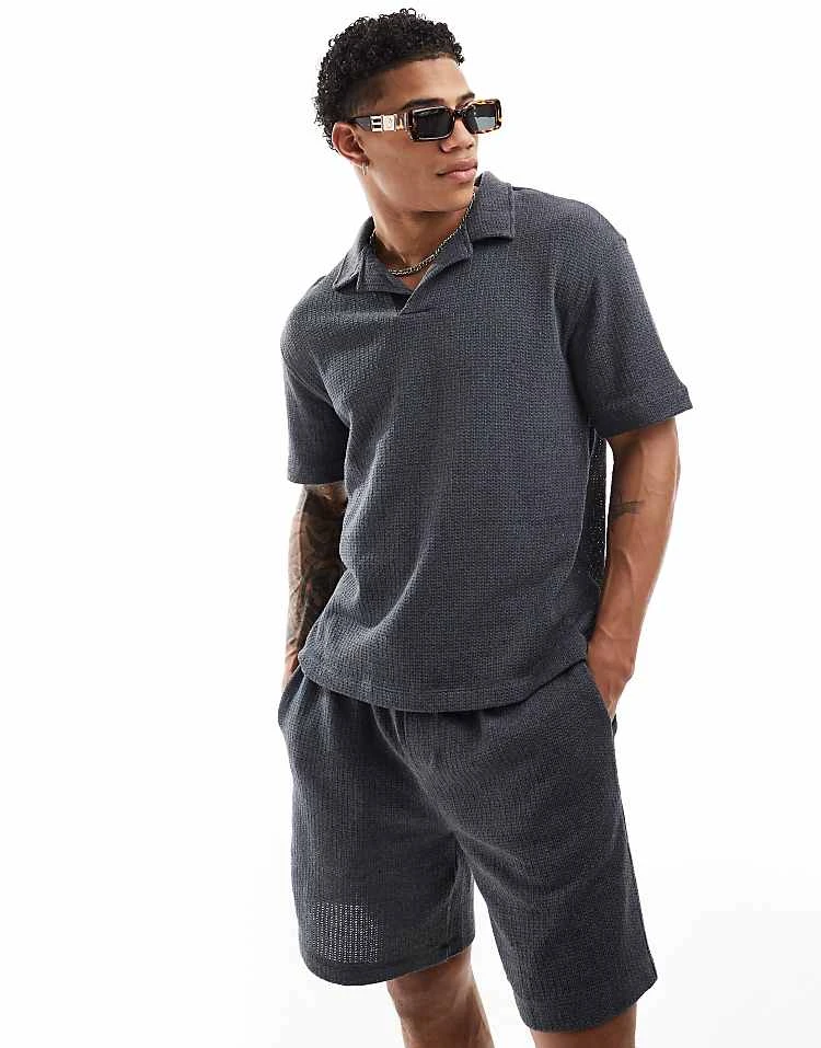 Pull&Bear Knitted Polo Co-ord In Dark Grey For Men 3 Pull&Bear Knitted Polo Co-ord In Dark Grey For Men