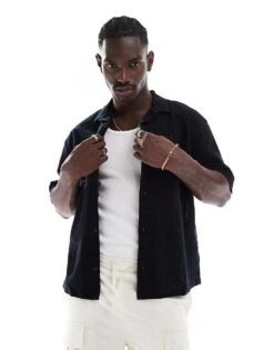 Pull&bear Short Sleeve Textured Shirt In Black For Men -Pull&Bear Sales 207007492 1 black 1