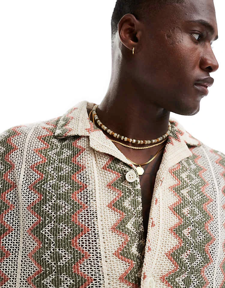 Pull&Bear Patterned Crochet Shirt In Khaki For Men Green 6 Pull&Bear Patterned Crochet Shirt In Khaki For Men Green - Image 4