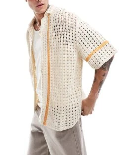 Pull&Bear Crochet Orange Stripe Shirt In Ecru For Men -Pull&Bear Sales 207039917 1 ecru 1