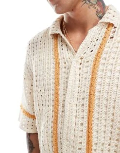 Pull&Bear Crochet Orange Stripe Shirt In Ecru For Men -Pull&Bear Sales 207039917 3
