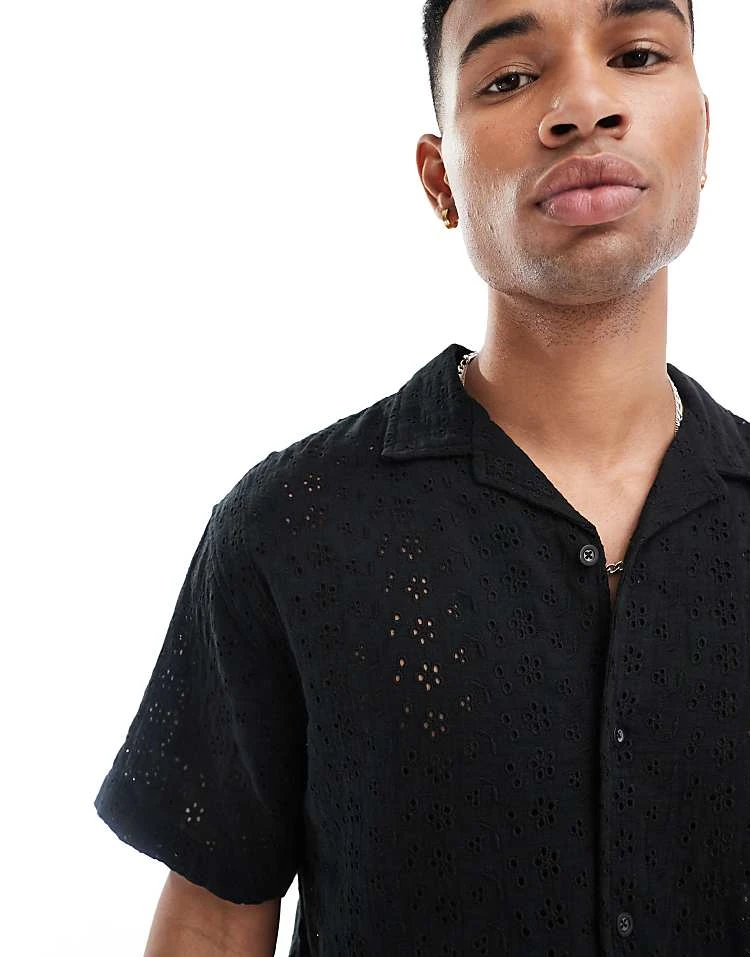 Pull&Bear Broderie Shirt In Black For Men 7 Pull&Bear Broderie Shirt In Black For Men - Image 5