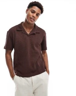 Pull&Bear Knitted Polo In Brown For Men