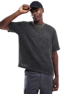 Pull&Bear Double Layered Mesh T-shirt In Black For Men
