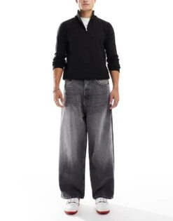 Pull&Bear Super Baggy Fit Jean In Heavy Washed Dark Grey For Men