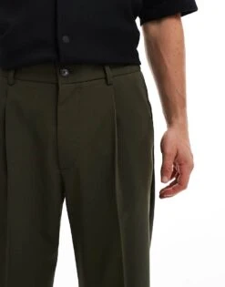 Pull&Bear Wide Leg Tailored Trouser In Khaki For Men -Pull&Bear Sales 207212948 5