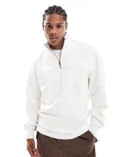 Pull&Bear 1/4 Zip Sweatshirt In Off White For Men