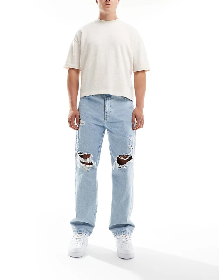 Pull&Bear Ripped Baggy Jeans In Mid Blue For Men 8 Pull&Bear Ripped Baggy Jeans In Mid Blue For Men - Image 6