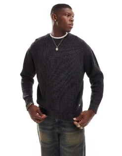 Pull&Bear Ribbed Acid Washed Jumper In Charcoal Grey For Men