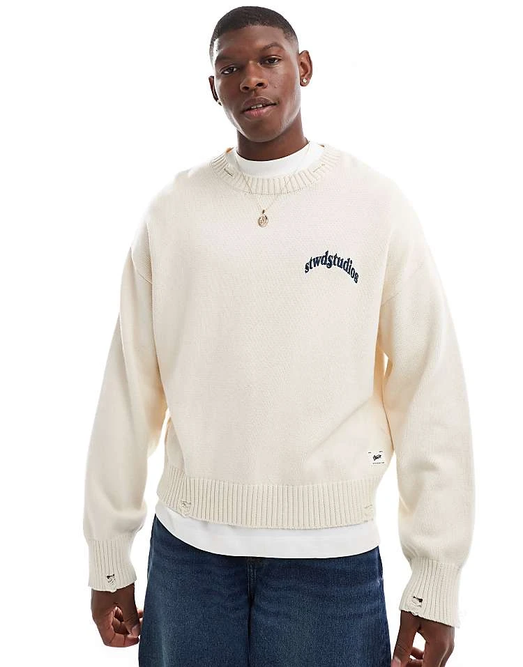 Pull&Bear Ribbed Printed Jumper In Ecru For Men 4 Pull&Bear Ribbed Printed Jumper In Ecru For Men - Image 2