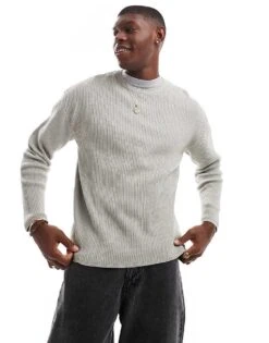 Pull&Bear Ribbed Knitted Jumper In Light Blue For Men