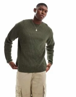 Pull&Bear Ribbed Knitted Jumper In Khaki For Men -Pull&Bear Sales 207308701 1 khaki 1