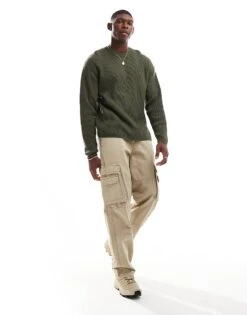 Pull&Bear Ribbed Knitted Jumper In Khaki For Men -Pull&Bear Sales 207308701 3