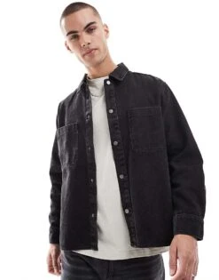 Pull&Bear Denim Acid Washed Overshirt In Black For Men