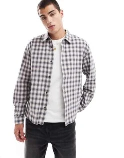 Pull&Bear Washed Checked Shirt In Grey For Men