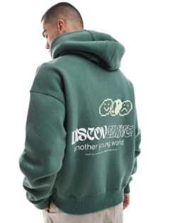 Pull&Bear Discover Printed Hoodie In Green For Men