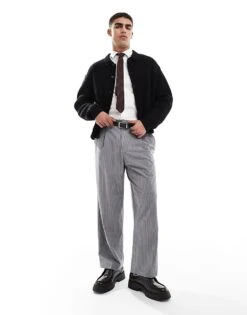 Pull&Bear Wide Leg Tailored Stripe Trouser In Grey For Men