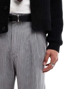 Pull&Bear Wide Leg Tailored Stripe Trouser In Grey For Men 12 Pull&Bear Wide Leg Tailored Stripe Trouser In Grey For Men -Pull&Bear Sales 207347215 5