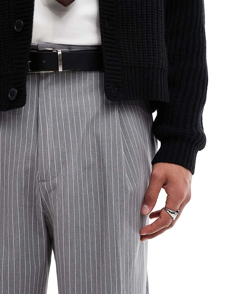 Pull&Bear Wide Leg Tailored Stripe Trouser In Grey For Men 7 Pull&Bear Wide Leg Tailored Stripe Trouser In Grey For Men - Image 5