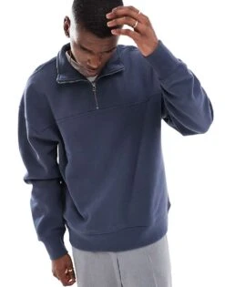 Pull&Bear 1/4 Zip Sweatshirt In Dark Blue For Men