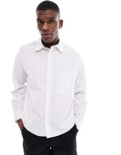 Pull&Bear Long Sleeve Boxy Fit Stripe Shirt In White For Men