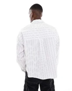 Pull&Bear Long Sleeve Boxy Fit Stripe Shirt In White For Men 10 Pull&Bear Long Sleeve Boxy Fit Stripe Shirt In White For Men -Pull&Bear Sales 207347326 4