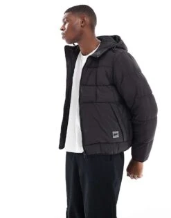 Pull&Bear Lightweight Puffer Jacket With Hood In Black For Men