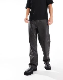 Pull&Bear Wide Leg Faux Leather Trouser In Black For Men -Pull&Bear Sales 207384559 1 black 1