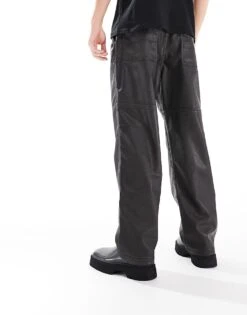 Pull&Bear Wide Leg Faux Leather Trouser In Black For Men -Pull&Bear Sales 207384559 3