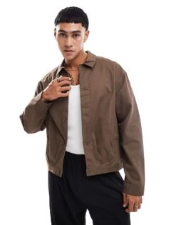 Pull&Bear Boxy Fit Long Sleeve Shirt In Khaki For Men