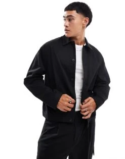 Pull&Bear Boxy Fit Long Sleeve Shirt In Black For Men