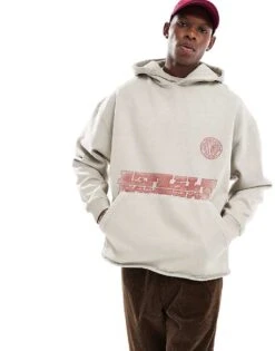 Pull&Bear Raw Hem STWD Garage Printed Hoodie In Washed Grey For Men -Pull&Bear Sales 207408881 3