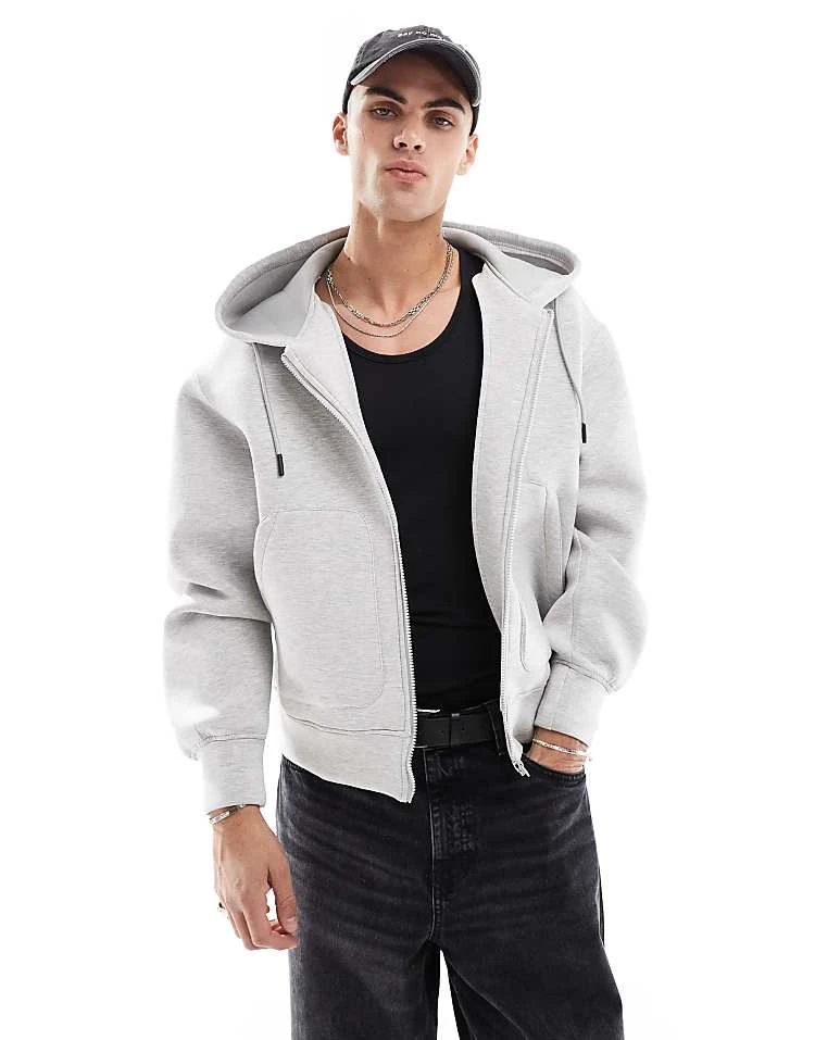 Pull&Bear Heavyweight Premium Zip Through Hoodie In Grey For Men 3 Pull&Bear Heavyweight Premium Zip Through Hoodie In Grey For Men
