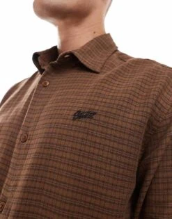 Pull&Bear Mini Check Long Sleeve Shirt In Brown For Men -Pull&Bear Sales 207444020 4