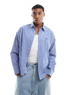 Pull&Bear Long Sleeve Stripe Shirt In Blue For Men -Pull&Bear Sales 207480223 1 blue 1