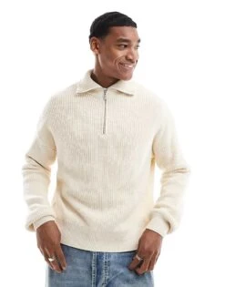 Pull&bear 1/4 Zip Knitted Jumper In White For Men -Pull&Bear Sales 207480255 1 white 1