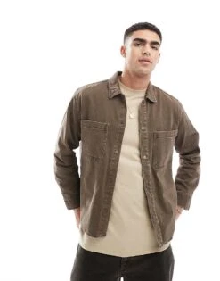 Pull&bear Denim Acid Washed Overshirt In Brown For Men