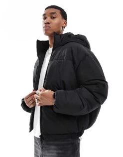 Pull&Bear Boxy Puffer Jacket With Hood In Black For Men