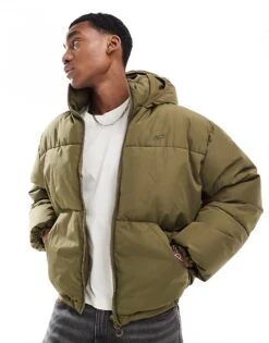 Pull&Bear Boxy Puffer Jacket With Hood In Khaki For Men Green