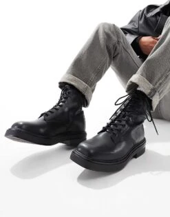 Pull&Bear Square Toe Lace Up Boots In Black For Men