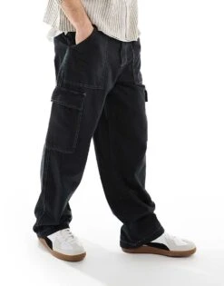 Pull&Bear Contrast Stitch Wide Leg Cargo In Black For Men