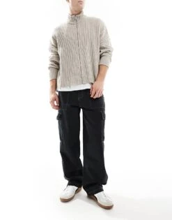 Pull&Bear Contrast Stitch Wide Leg Cargo In Black For Men -Pull&Bear Sales 207550010 3