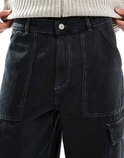 Pull&Bear Contrast Stitch Wide Leg Cargo In Black For Men -Pull&Bear Sales 207550010 4