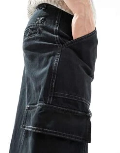 Pull&Bear Contrast Stitch Wide Leg Cargo In Black For Men -Pull&Bear Sales 207550010 5