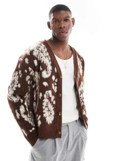 Pull&Bear Graphic Knitted Cardigan In Brown For Men